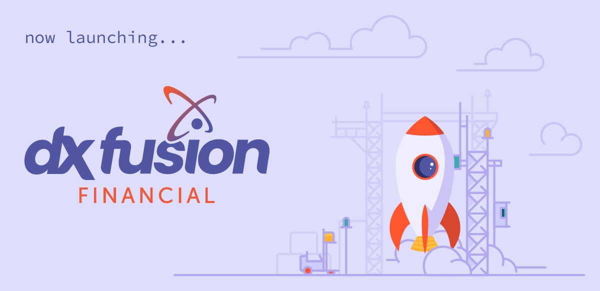 dxfusion financial launch graphic with rocketship launching